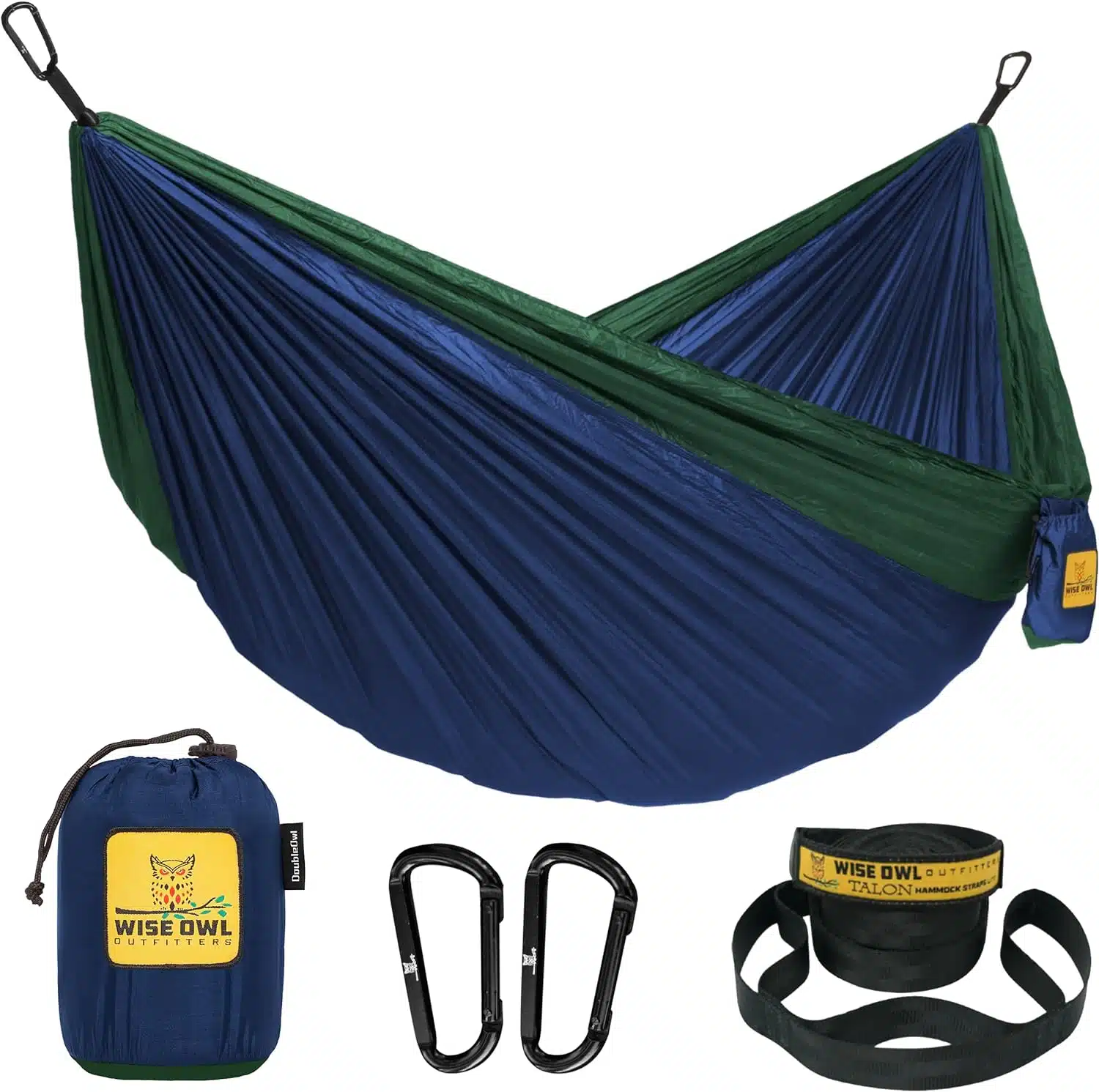A green and blue Wise Owl Outfitters hammock displayed with its accessories. The accessories include a carrying bag, two black carabiners, and a black hammock strap labeled "Talon Hammock Straps.