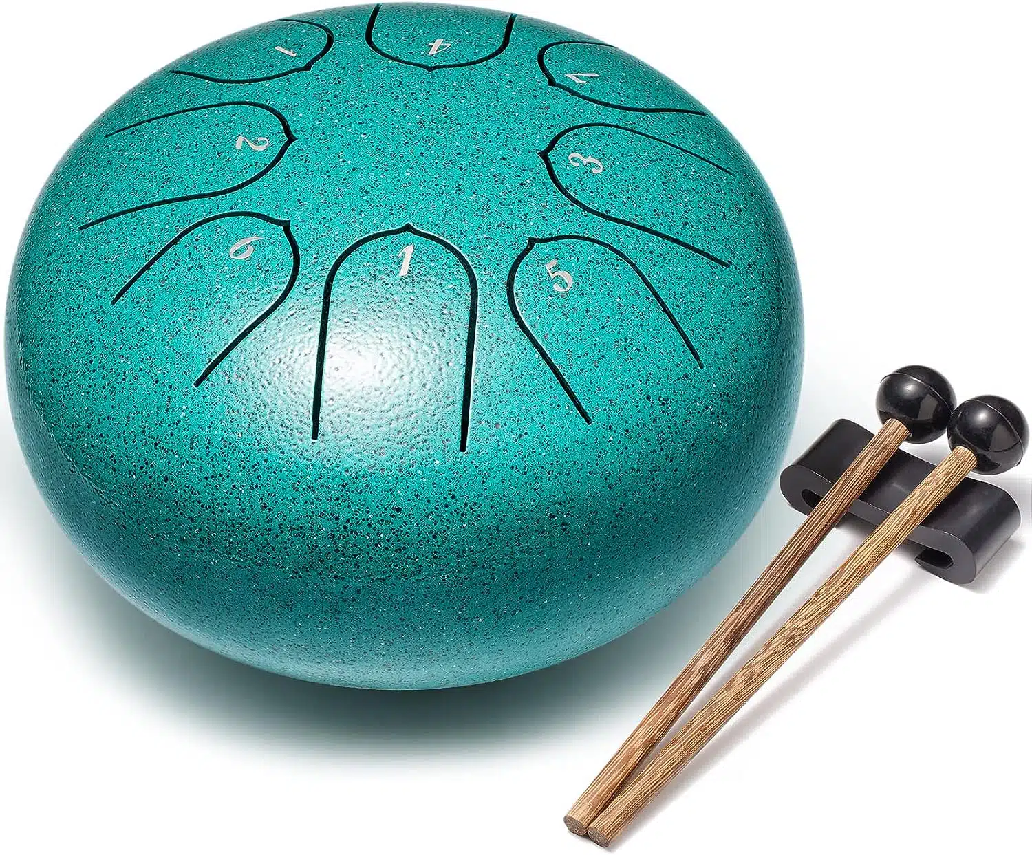 A teal tongue drum with numbered notes etched into its surface, accompanied by a pair of wooden mallets with black rubber tips, resting on a black mallet holder.