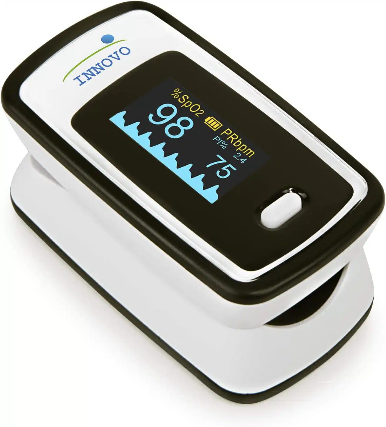The image shows a pulse oximeter from Innovo. The display indicates a blood oxygen saturation (SpO2) level of 98% and a pulse rate (PR) of 75 beats per minute.