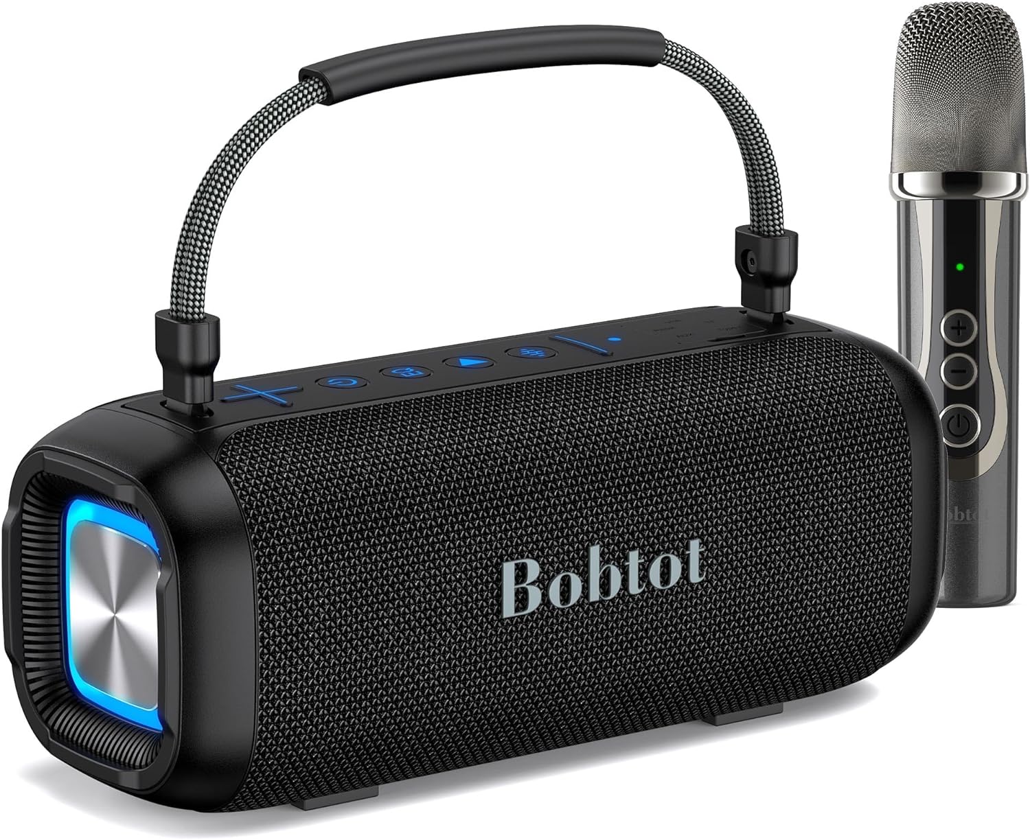 The image shows a Bobtot portable Bluetooth speaker with an attached carrying handle and a wireless microphone. The speaker features various control buttons on the top, including volume controls, play/pause, and mode selection. The speaker has a black mesh design with blue LED lighting accents on the sides. The wireless microphone is silver with control buttons for power and volume adjustment.