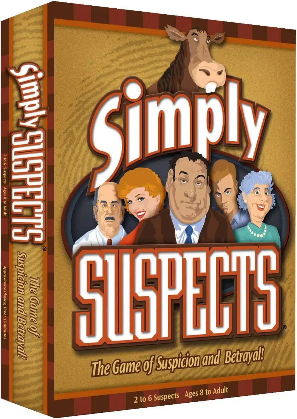 The image shows the box for the board game "Simply Suspects." The box is primarily brown with red and orange accents. The title "Simply Suspects" is prominently displayed in large white and orange letters. Below the title, it says "The Game of Suspicion and Betrayal!" The box features cartoon illustrations of six characters, who appear to be the suspects in the game. On the left side of the box, it notes that the game is for 2 to 6 players, ages 8 to adult.