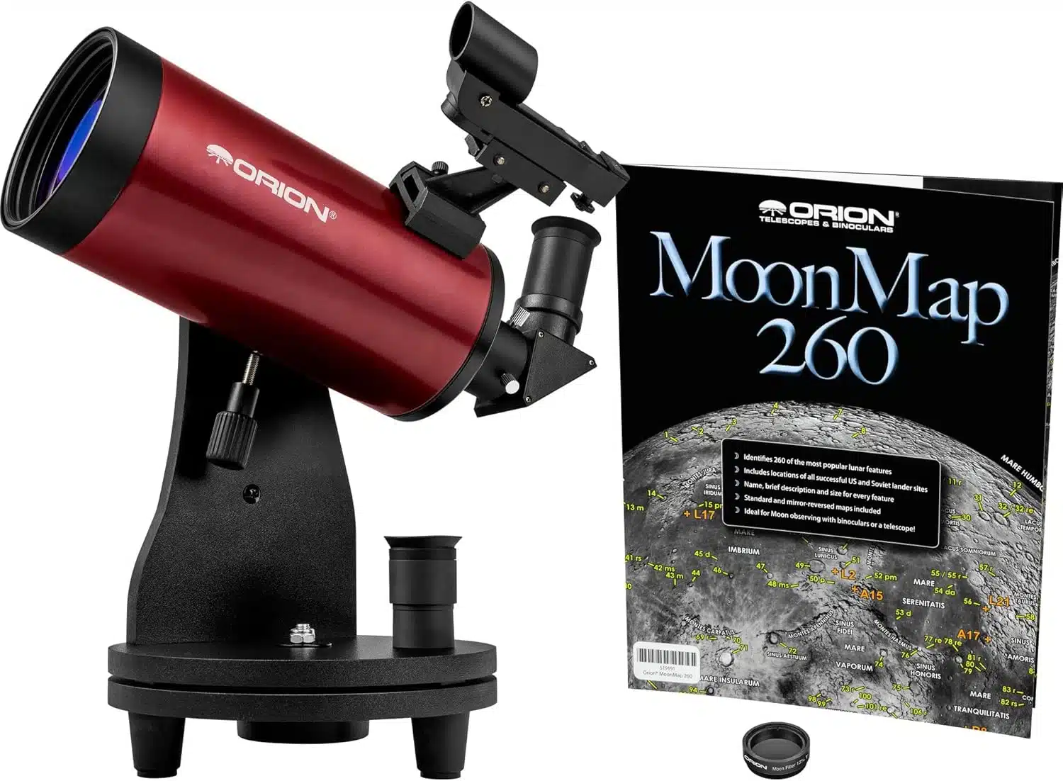 The image shows an Orion telescope along with a MoonMap 260. The telescope has a red tube and a black mount. A finderscope is mounted on top, and there is an eyepiece included. The MoonMap 260 is a detailed guide to the lunar surface, highlighting 260 prominent lunar features with their names, descriptions, and locations.