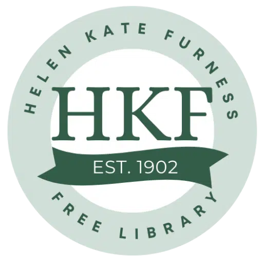 A circular logo for the Helen Kate Furness Free Library. The initials "HKF" are centered in a large dark green serif font above a banner that reads "EST. 1902." The full name "HELEN KATE FURNESS FREE LIBRARY" wraps around the outer light green border of the circle.