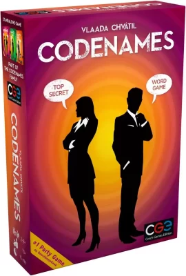 The box cover for the board game "Codenames" by Vlaada Chvátil. The design features a vibrant pink and purple concentric circle background with a bright yellow center. In the middle are the black silhouettes of two secret agents—a woman with arms crossed on the left and a man in a suit on the right—standing back-to-back. Two speech bubbles above them contain the words "TOP SECRET" and "WORD GAME." The title "CODENAMES" is printed in large, white, distressed capital letters at the top. The Czech Games Edition (CGE) logo is visible in the bottom right corner.