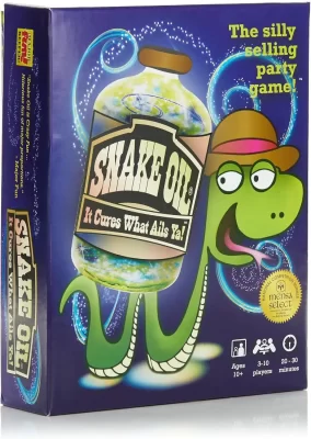 The box cover for the party game "Snake Oil" by Out of the Box Publishing. The artwork is a dark purple with a large, bright blue and white swirling vortex in the background. In the center, a large glass apothecary bottle contains a glowing, swirling green and blue liquid. A cartoonish green snake wearing a brown fedora with a red band is positioned behind the bottle, its pink tongue sticking out and its tail coiling around the base. The title "SNAKE OIL" is written in a cream-colored, western-style font on a black label on the bottle, with the tagline "It Cures What Ails Ya!" below it. The top right corner features the text "The silly selling party game!" in lime green.