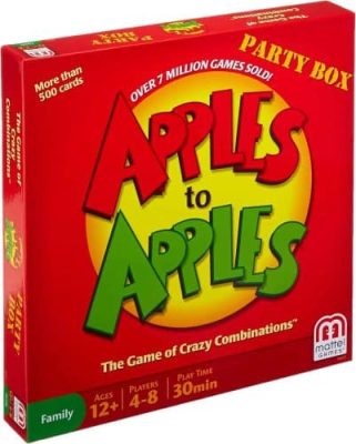 Front cover of the Apples to Apples Party Box game. The box is white with the title in a playful font. A large red apple and a smaller green apple are shown side-by-side, with the tagline 'The Game of Hilarious Comparisons!