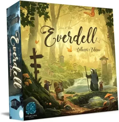 The front cover of the board game "Everdell Collector's Edition" by James A. Wilson. The artwork is a lush, whimsical forest scene bathed in golden afternoon sunlight. In the foreground, anthropomorphic woodland creatures—including a squirrel carrying a basket of berries, a mouse with a walking stick, and a badger standing on a stone bridge—are depicted in a detailed, storybook style. The background shows a charming village of tiny houses nestled among large tree roots near a waterfall. The title "Everdell" is written in elegant, flowing black script across the center, with "Collector's Edition" in a smaller gold font below it. The Starling Games logo is visible in the bottom left corner.