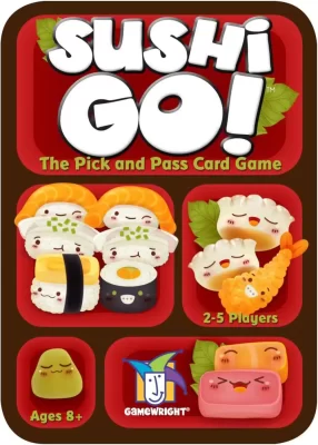 The front cover of the card game "Sushi Go!" by Gamewright. The design features a dark brown border with several rounded red panels containing cute, smiling sushi characters with rosy cheeks. The title "SUSHI GO!" is written in large, white, puffy letters at the top, followed by the subtitle "The Pick and Pass Card Game" in green. Various illustrated food items are shown, including nigiri, maki rolls, dumplings, and tempura. The bottom panels indicate "Ages 8+" and "2-5 Players," flanking the blue and yellow Gamewright logo.