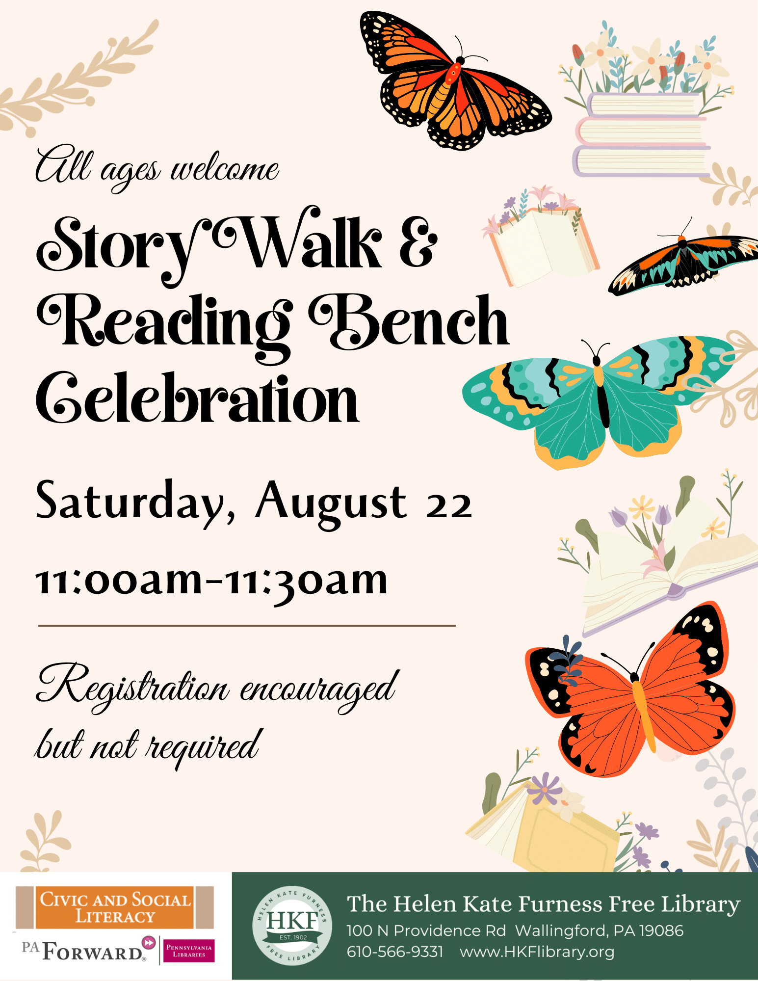 StoryWalk and Reading Bench Celebration Flyer A flyer announcing the StoryWalk & Reading Bench Celebration at the library on Saturday, August 22 from 11:00am-11:30am